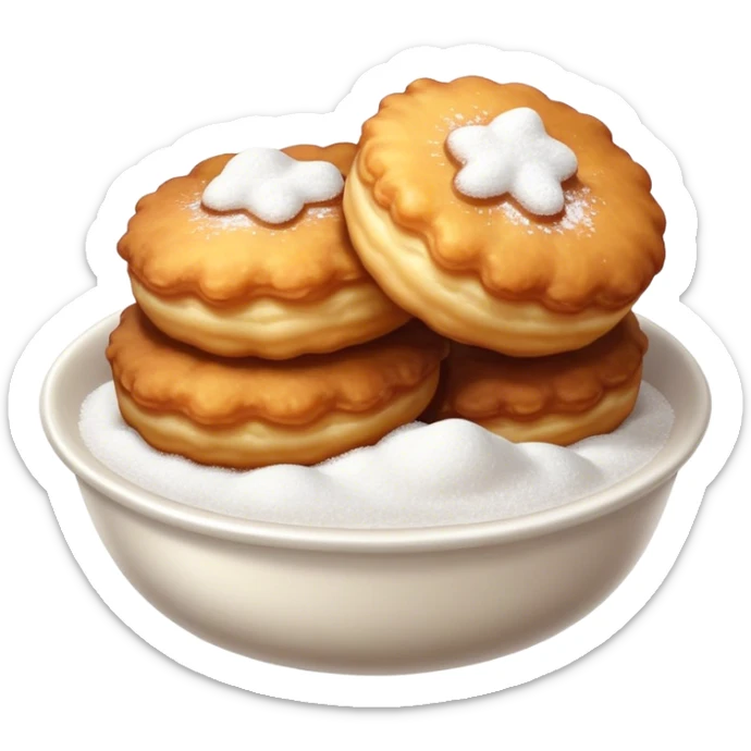 Buñuelo Cinematic Realistic Buñuelo Dessert Emoji, depicted as perfectly round, fluffy fritters served in a small bowl with a dusting of powdered sugar, rendered with vibrant textures and warm, inviting lighting. sticker