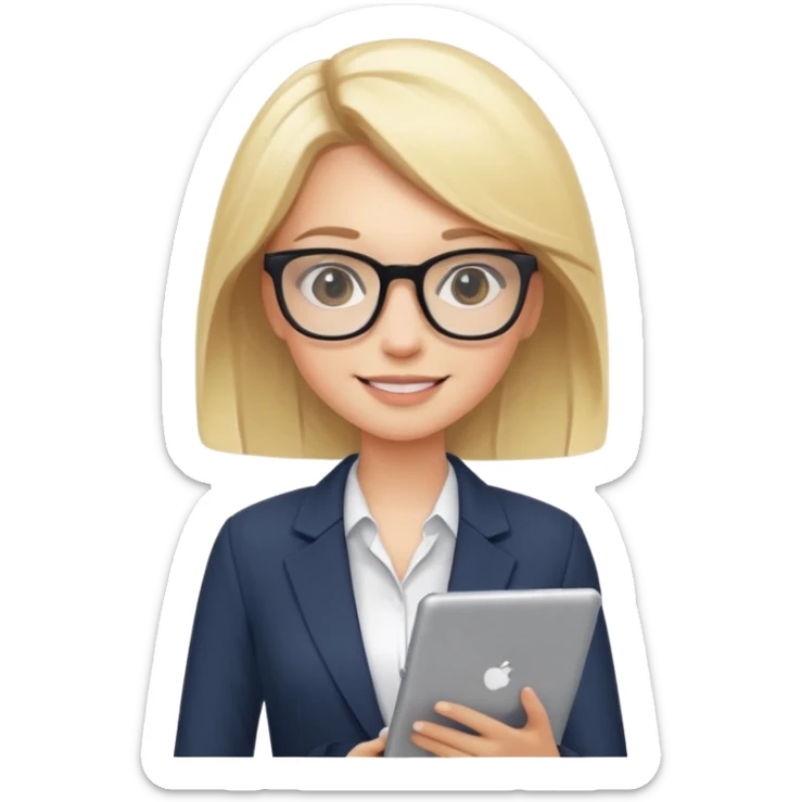 A cute blonde girl emoji in cartoon style as a professional presentation designer. She wears stylish glasses, a modern outfit like a chic blazer or turtleneck, and holds a digital tablet or stylus. She has a confident smile. sticker