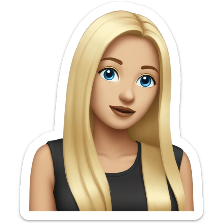 beautiful woman, long straight blonde hair, blue eyes, black t shirt sticker