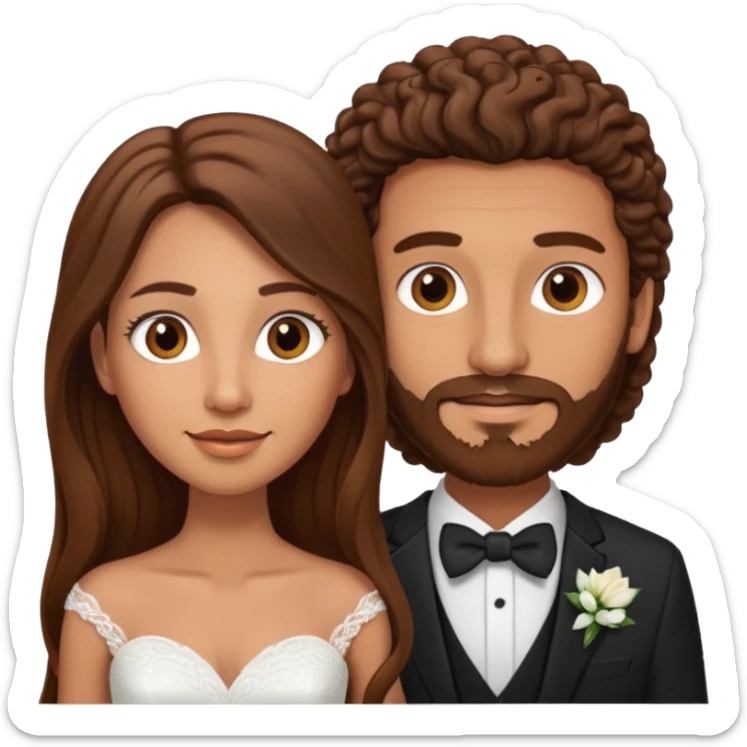 wedding couple woman with long straight brown hair and eyes man with long brown curly hair and facial hair sticker