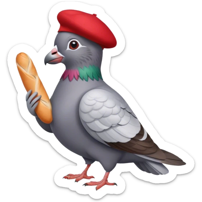 French pigeon holding a baguette and wearing a beret sticker