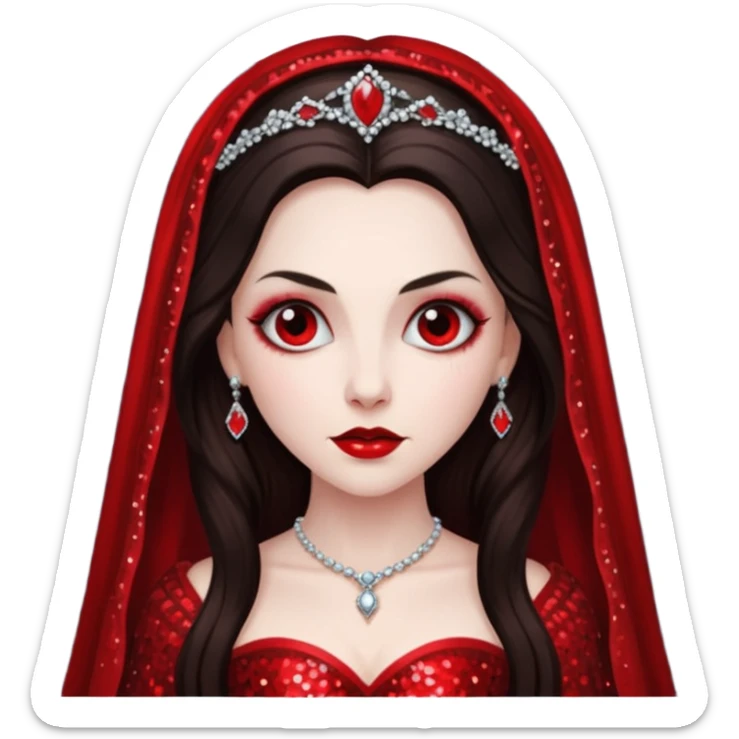 Bride of Dracula with long dark brown hair, red sequin outfit sticker