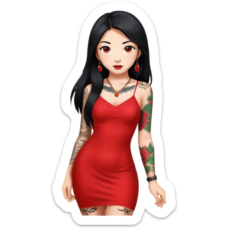 Beautiful Asian girl with long black hair and body tattoos wearing a red dress sticker