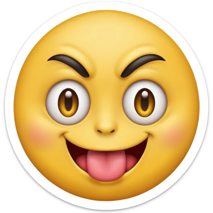 A yellow round face emoji smirking with its tounge out but the eyes are evil and kind of crazy and only one of the eyebrows is raised higher than the other eyebrow sticker