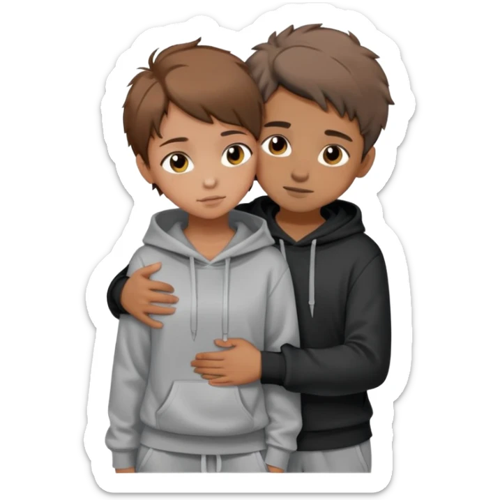 A boy with light brown skin and short messy brown hair  is hugging a girl with light brown skin and short hair.They are both wearing a black hoodie and grey sweatpants sticker