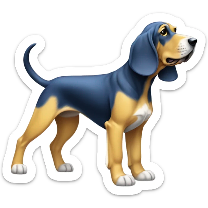 A Blue and yellow bloodhound dog standing on all fours, with a white flag attached to its tail. sticker