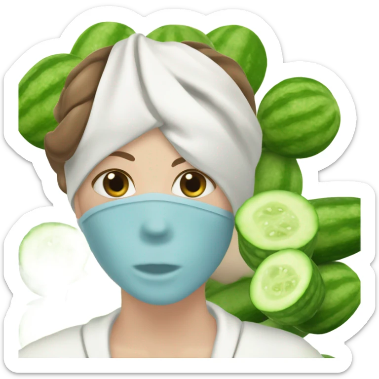White girl with Brown hair and blue eyes wears a Green colored clay mask and puts on cucumbers around her eyes while She relaxes in her white Robe sticker