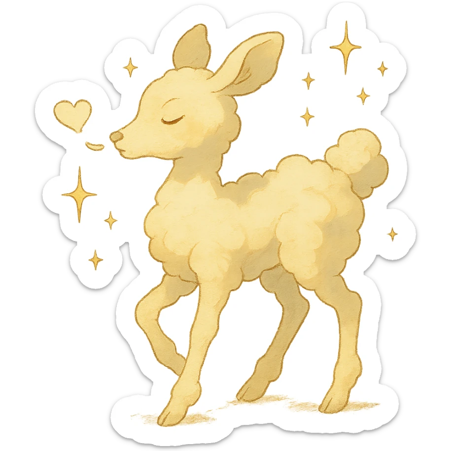 whimsical cream yellow cloud doe in Ghibli style, blowing a kiss, surrounded by sparkles sticker