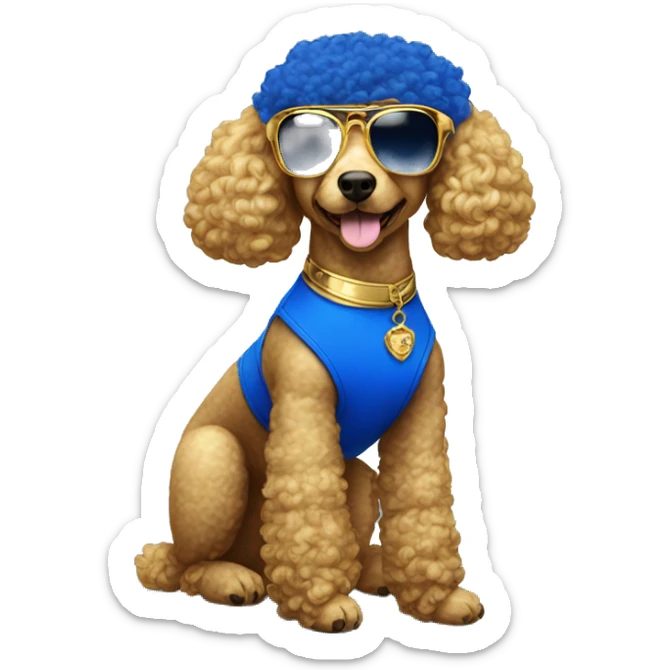 Royal Blue and gold poodle wearing big royal blue and gold sunglasses  sticker