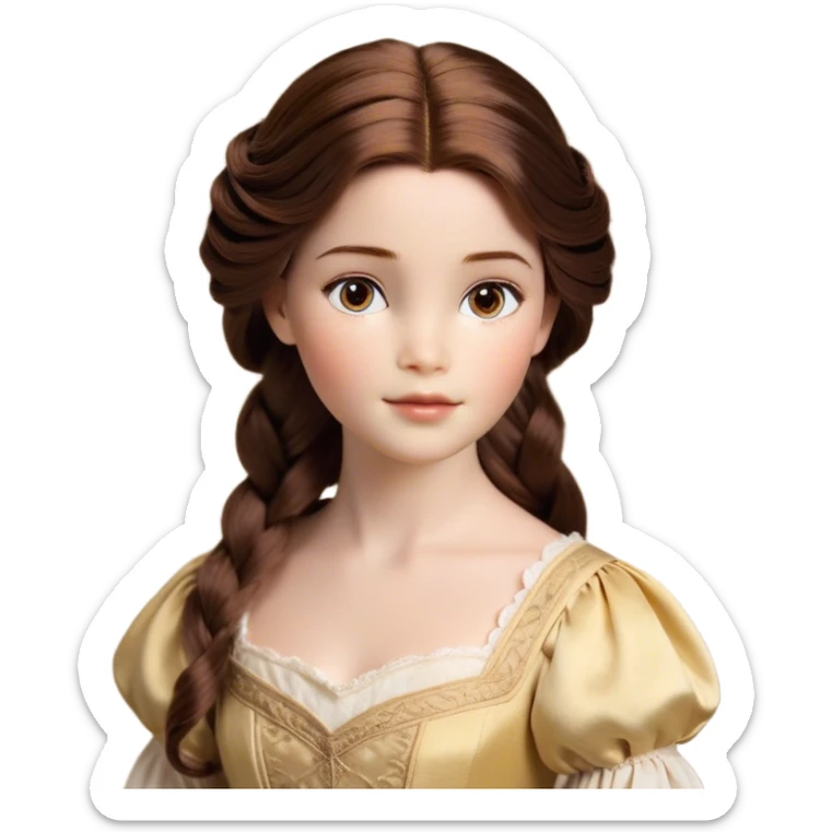 Cinematic Realistic Belle Portrait, depicted with lifelike skin texture, soft natural lighting, and intricately detailed brown hair styled elegantly. Her deep, expressive eyes exude warmth and intelligence, complemented by a serene and graceful expression. She is dressed in her classic attire, with rich fabric textures and delicate folds that catch the light beautifully. The portrait features a soft, enchanting glow with a natural, radiant finish, capturing the essence of timeless beauty in a realistic and painterly style, evoking a sense of depth and authenticity. sticker