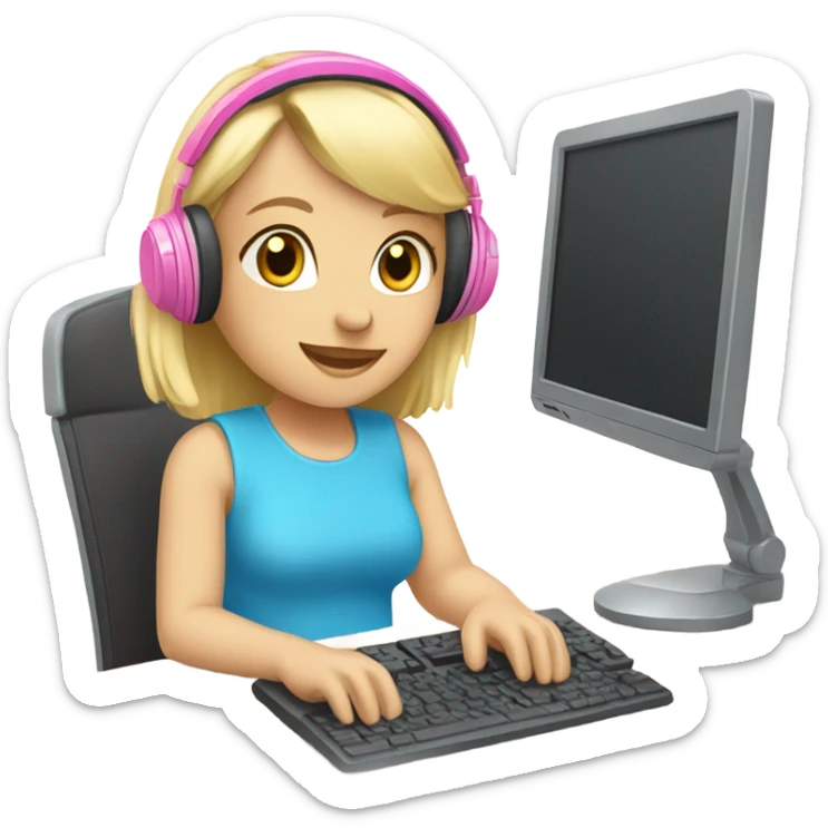 blonde hair blue eyed girl pink headphones and computer sticker