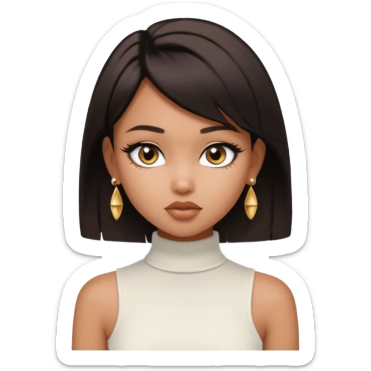 generate a pretty bratz girl in black cami top, dark brown straight short hair, eyeliner on. dark brown eyes. Wearing sleeveless white turtleneck, gold stud earrings sticker