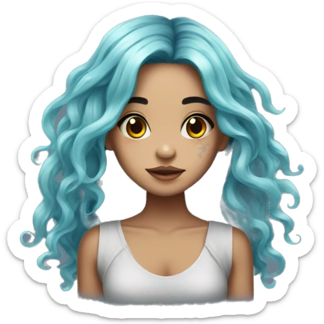 beautiful girl, with jellyfish tattoos, with long black hair, wavy hair, chinese, sticker