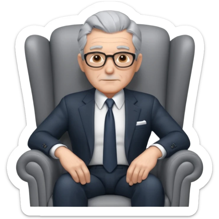 elderly businessman sitting in an armchair, wearing a formal suit and tie, gray hair, confident wise expression, corporate boss vibe, 3D cartoon style, mobile game icon style, clean background, no text, no watermark
 sticker
