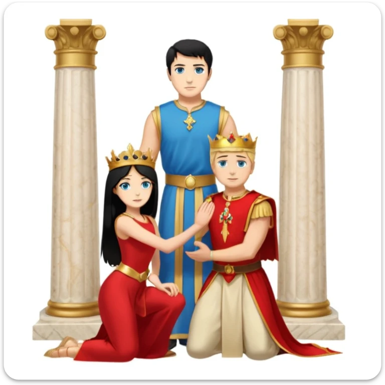 Man as king, black Hair, blue eyes, woman, blonde, green eyes, shott white sleveless Dress, kneeling, background palace sticker