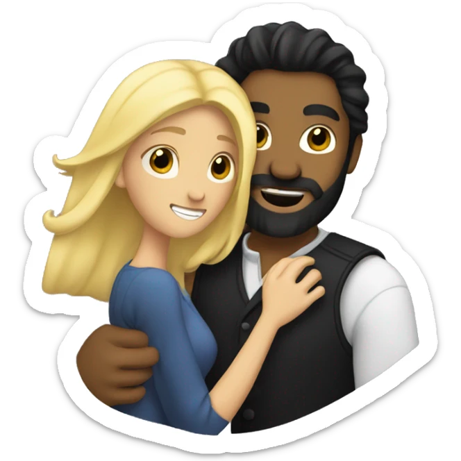 A man with black hair and a black beard hugging a blonde woman hair sticker