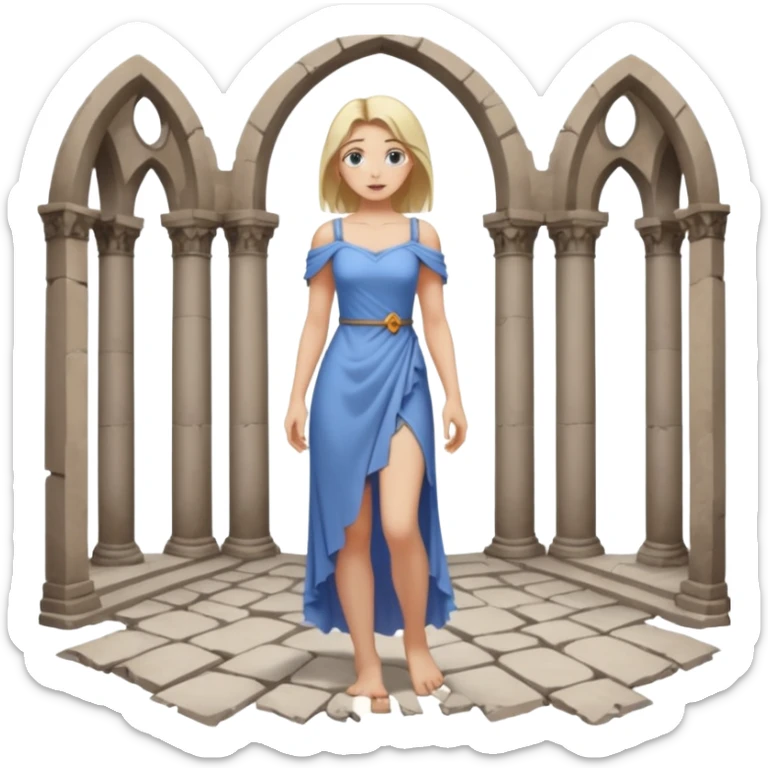 Female figure standing barefoot in ruined cathedral, dress slipping from shoulder sticker