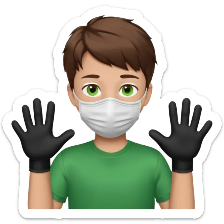 Chico de pelo marrón y ojos verdes, con un cubre boca, que tiene una camisa verde por encima de una remera blanca, y tiene un guante negro en una sola de las manos. Estilo animado sticker