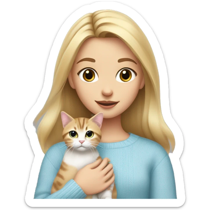 Blond chin lenght hair girl in a light blue sweater holding a tabby cat with white paws and face sticker