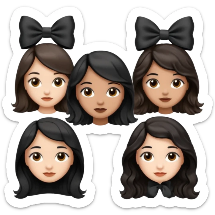 three girls with brown eyes, white and brown skin tones, first girl with completely black straight hair and a bow on her head, middle girl with black wavy hair and a bow, last girl with black voluminous loose waves and a bow, emoji style sticker