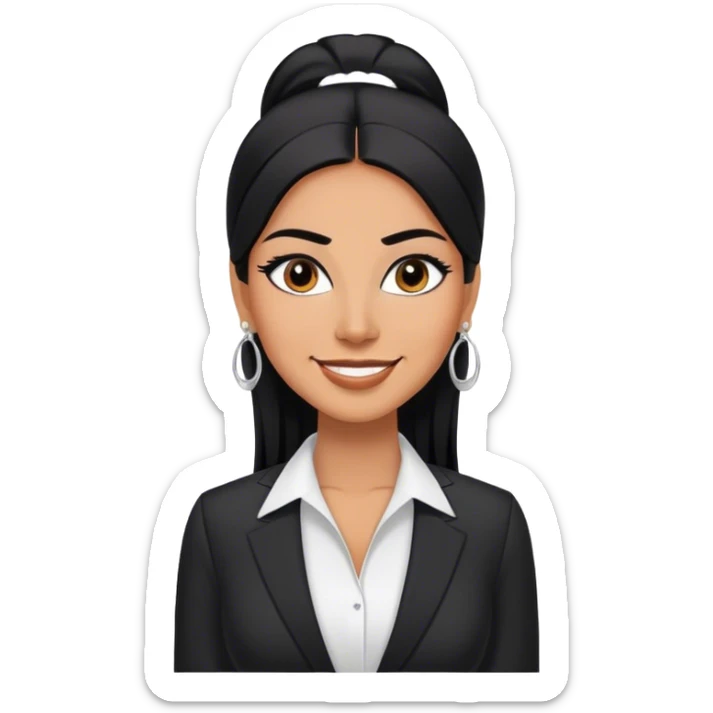 beautiful fit tall woman boss, with long straight black hair, with make up, black eye liner, smile, mexican, brown skin, wearing beautiful profesional outfit and white earings sticker