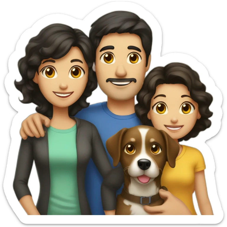 mom brown hair dad black hair and kids dog family yellow sticker