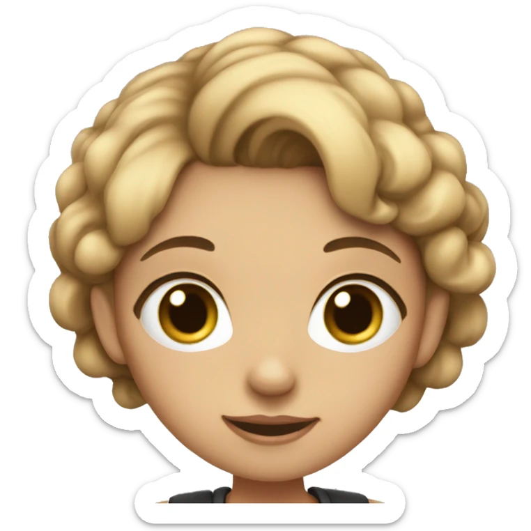 Girl, white skin color, big eyes, short hair, shaved on the sides, and checking with her finger sticker
