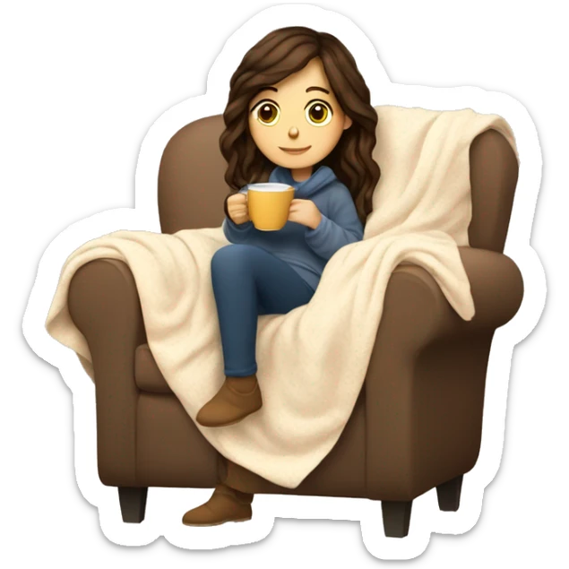 Brunette white girl covered in blanket autumn vibe sitting on a cozy chair holding coffee sticker