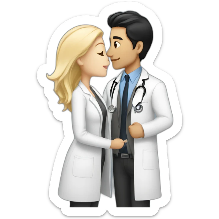 white doctor girl with black hair kissing a white man with blond hair and a jacket sticker