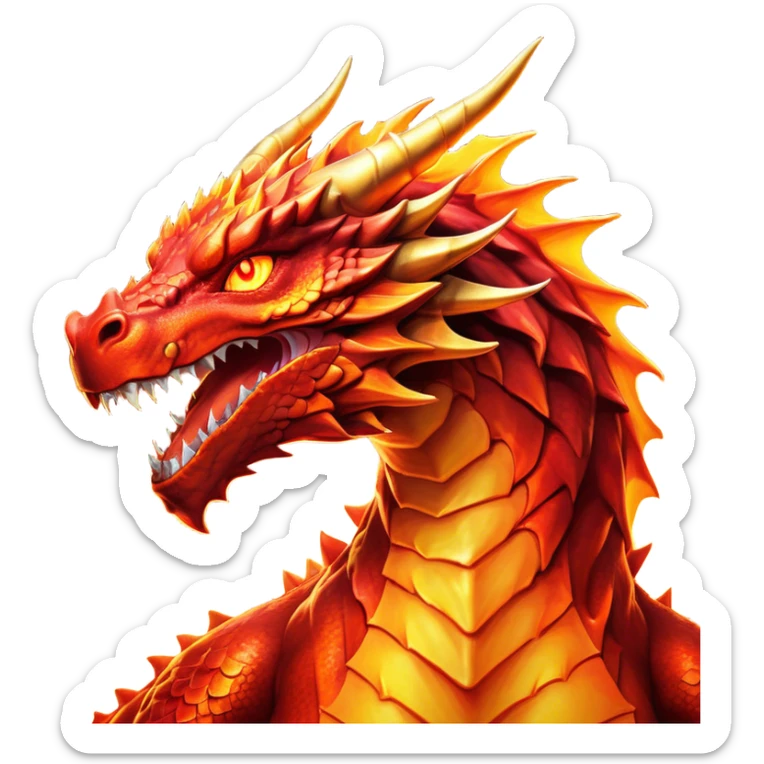 Cinematic Noble Fierce Fire Dragon Portrait Emoji, Poised and imposing, with a muscular, scaled body ablaze in fiery hues of crimson, molten orange, and molten gold, and intense, burning eyes that mirror the heart of a volcano; rendered with lifelike texture and dynamic natural highlights, high shine, formidable and intense, styled with an aura of scorching mythic power, focused and resolute, soft glowing outline, capturing the essence of a legendary inferno poised to ignite the screen with timeless ferocity! sticker