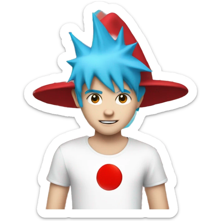 a white kid with cyan blue spiky hair with a red hat and a white shirt with a red circle in the middle and in the circle theres a red tilted line in it sticker