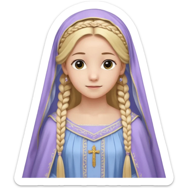 Joven de unos 20 años, de aspecto dulce y elegante.
Piel clara, ojosy expresivos, sonrisa triste.
Rubio o castaño claro, largo, con trenzas o velo.
-Vestido largo de tonos suaves (blanco, azul o lavanda), con bordados dorados; un manto o toca fina cubriendo la cabeza. de cuerpo entero  sticker