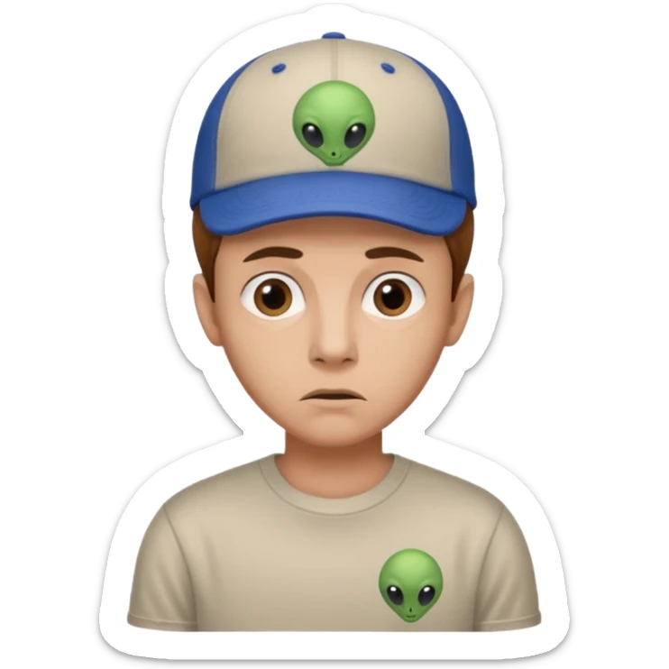 trust no one Mulder from the x-files looking very very worried wearing a t-shirt and a baseball cap with a picture of an alien sticker