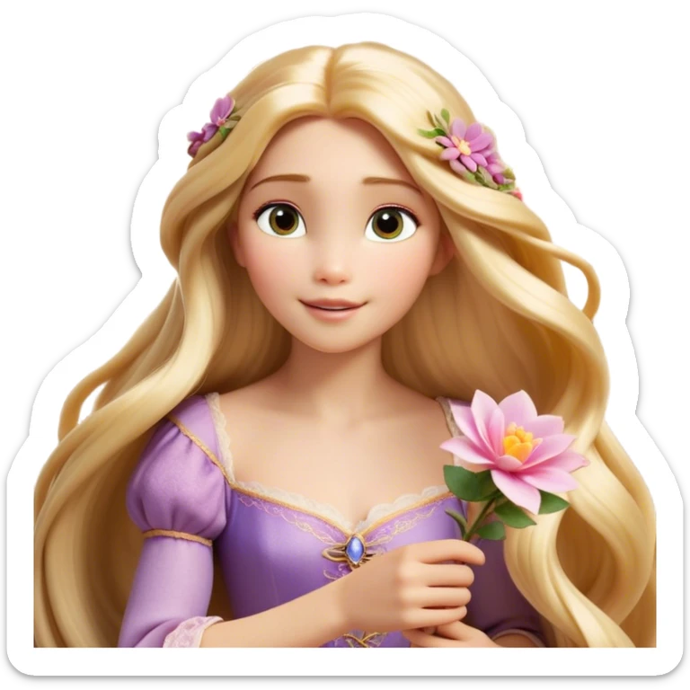 Cinematic Realistic Rapunzel Portrait, with porcelain-like skin featuring a subtle, natural glow, illuminated by soft lighting that brings out the gentle contours of her face. Her long, golden blonde hair cascades in detailed waves, each strand highlighted with a radiant shimmer as it catches the light. She playfully holds a flower in one hand, her other hand resting casually in her lap, with a warm and spirited expression. Her bright, expressive green eyes exude curiosity and warmth, framed by delicate lashes and soft, arched brows. She is dressed in her classic lavender and pink gown, the fabric textured with delicate folds that flow naturally, catching the light with a soft, radiant glow. The portrait captures a luminous, enchanting aura, seamlessly blending realism with a whimsical, fairytale charm, evoking a timeless sense of beauty and magic. sticker