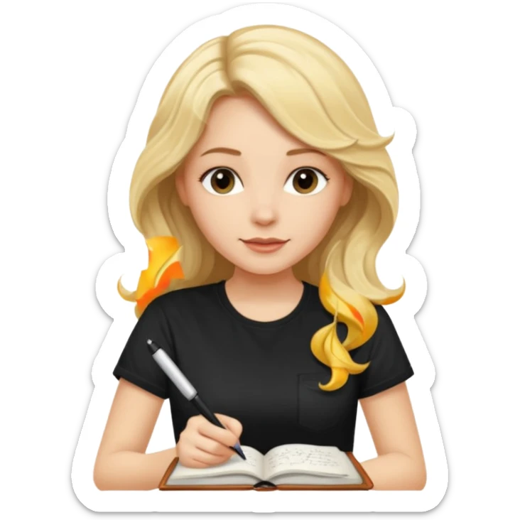 a beautiful blonde with long wavy hair-in-a-black-t shirt-a writes in a diary with a pen sticker