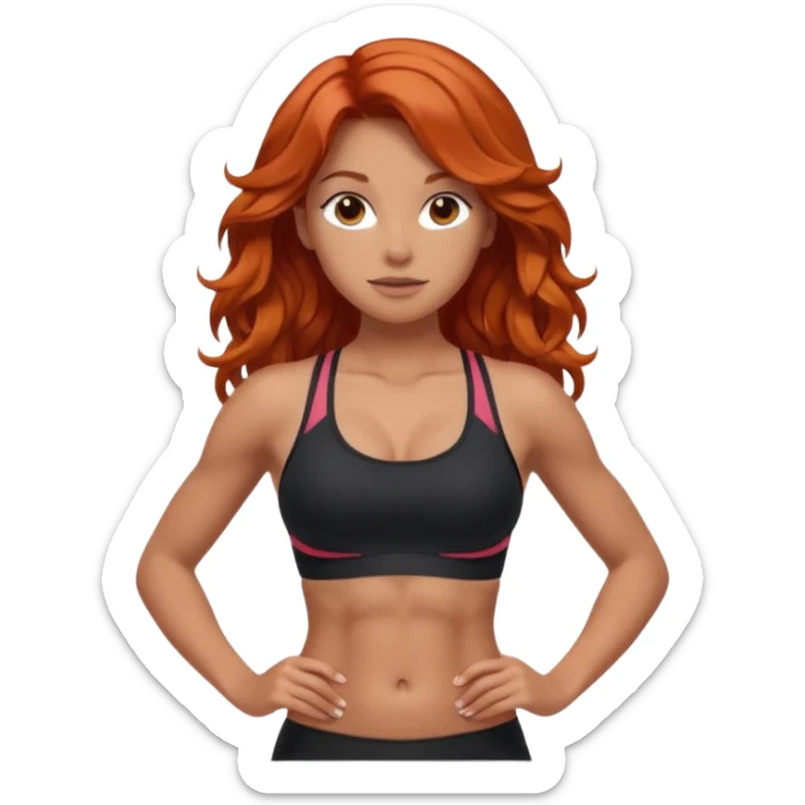 Athletic girl with long light red wavy hair and smaller boobs bigger arms. middle part and black sports bra, long hair, show stomach sticker