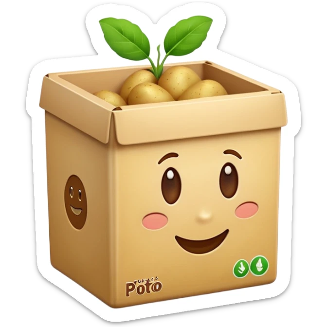 potato starch box, beige or pale yellow, clean edges, potato with green leaves, 'POTATO STARCH' in brown or orange, smooth glossy, minimal, clean 3D, soft shadows, transparent background, emoji scale sticker