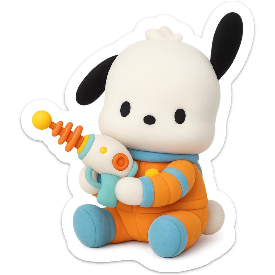 Pochacco holding a whimsical toy ray gun, white with black ears, wearing an orange and blue space explorer suit, plushy Popmart doll style, playful and adorable sticker