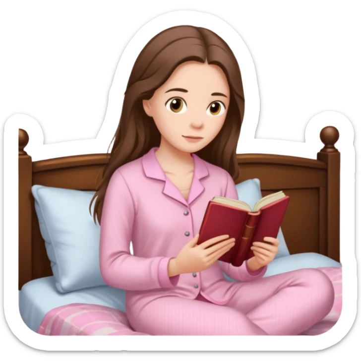  white long brunette hair girl with hazel eyes in light pink pajamas reading Pride and Prejudice sticker