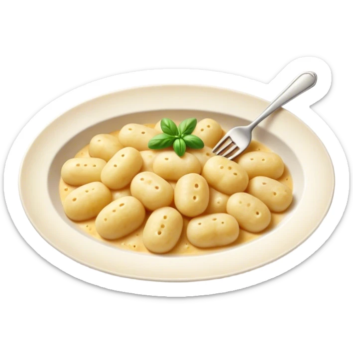 Gnocchi Cinematic Realistic Gnocchi Dish Emoji, depicted as tender oblong potato gnocchi garnished with iconic fork marks on top, rendered with soft textures and warm, inviting lighting. sticker