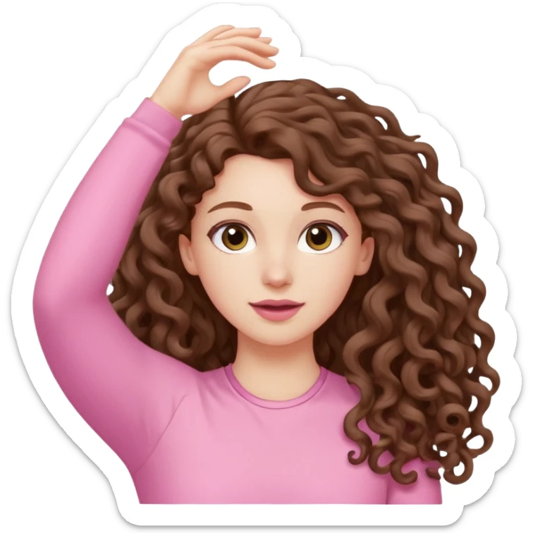 pale white girl with long brown curly hair stretching pink sticker