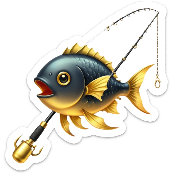 black magical fishing rod with gold chains and gold aura fishing a gold anglerfish sticker
