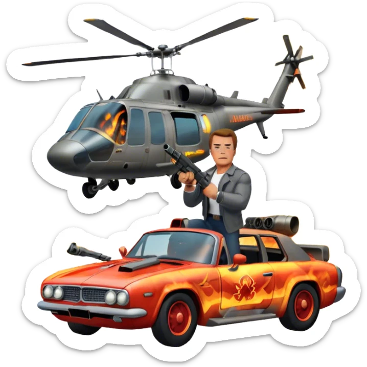 Icon for Action Movies: Arnold Schwarzenegger in the lead role, in an intense action pose with weapons, explosions, a car and helicopter flying out of flames in the background. The design should capture the explosive energy and heroism of classic action films. Transparent background. sticker