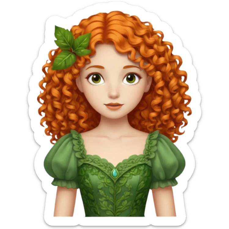 orange curly hair beautiful princess full body in leafy green dress elegant sticker