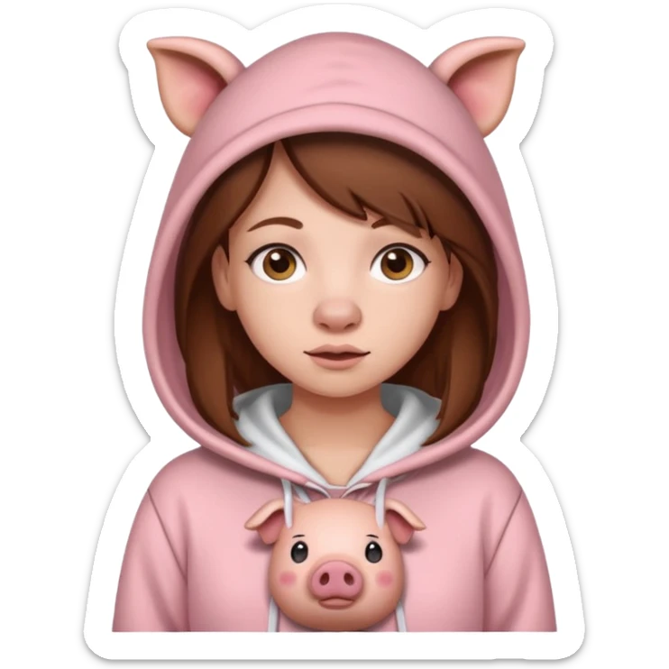 Gurl with brow hair and whaite skin with a pig hoddie sticker