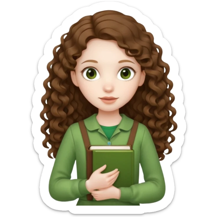 A girl with long brown curls and a green outfit holding a stacking book in her hand sticker