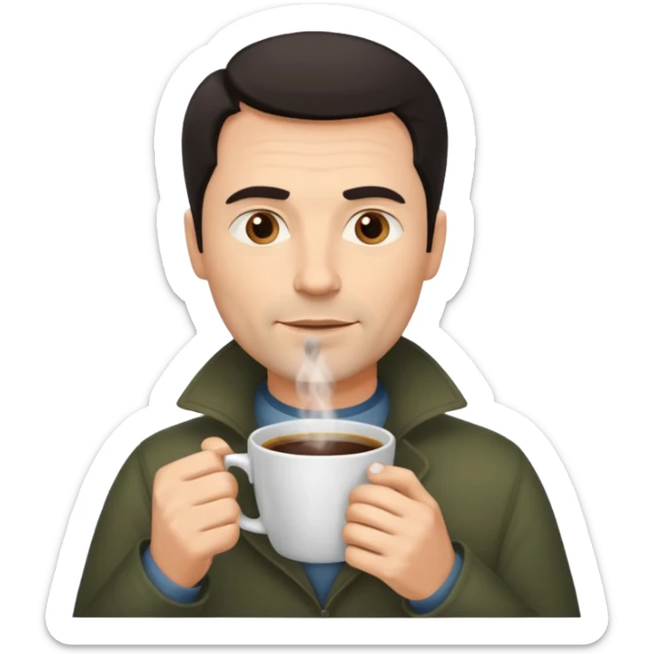 A handsome 45 year old white man with dark hair in a fog drinking a cup of coffee sticker