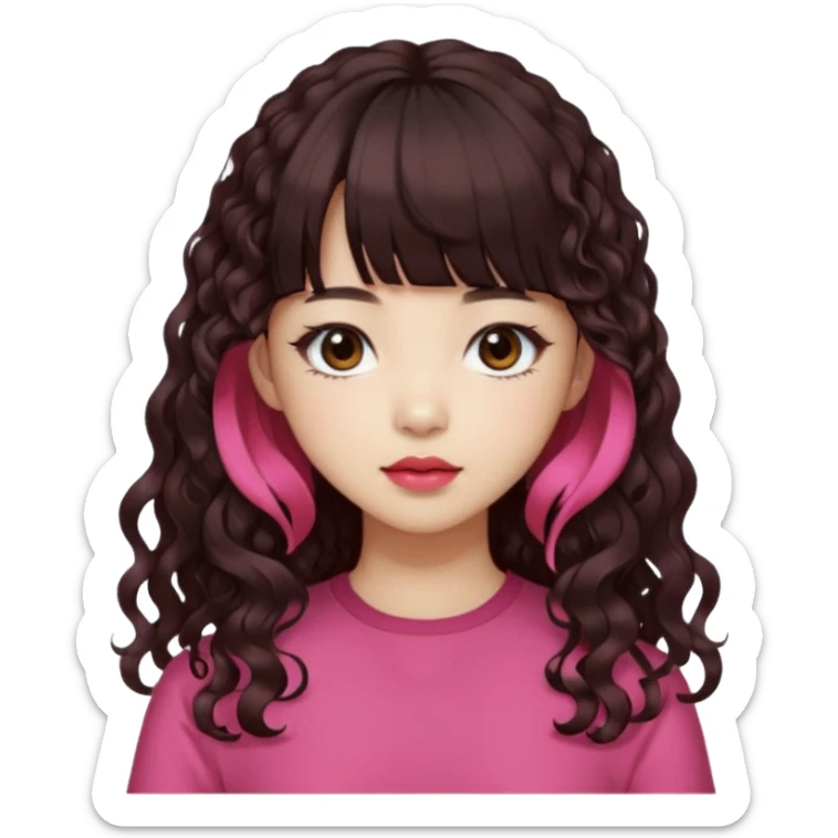 Korean girl, red top, black brown hair, brown eyes, long curly hair, aesthetic, long hair, hime cut, blunt bangs, pink lip, Cool girl sticker