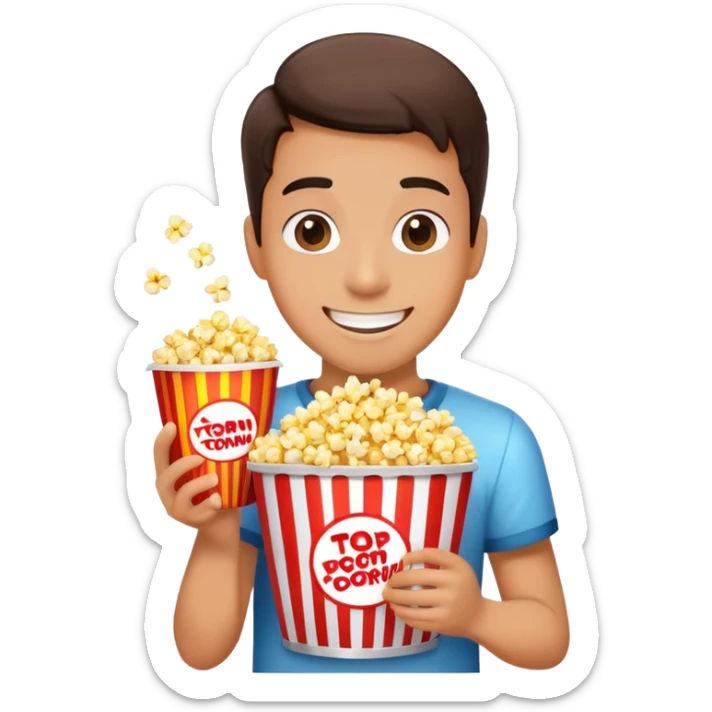 Person watching a movie with a happy face, holding popcorn bucket, cinema lights reflected on face sticker