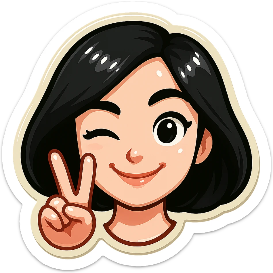 Add a beautiful manicure on the fingers showing the V (peace) sign. Keep the white skin, cute and beautiful appearance. Style is classic Telegram stickers with neat facial features, resembling Samsung Sam but with head only (no neck). The girl is smiling and winking (one eye open, one eye closed). Clean, bright, cartoon style suitable for a Telegram bot profile. White background. sticker